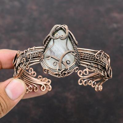 Regenbogen Mondstein Manschettenarmband Edelstein Armreif Kupferdraht gewickelt Schmuck verstellbar Manschettenarmband handgemachter Schmuck Kupfer Armreif als Geschenk
