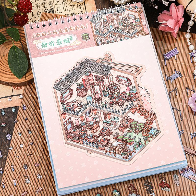 High Quality 20-Sticker Pack Miniature Ancient Style Landscape Stickers Decorative Materials for Home with Stacked Scenes