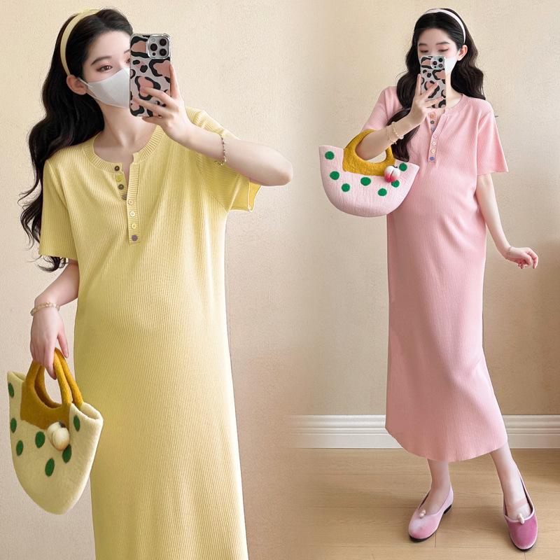 Summer 2026 Ice Silk Knit V-Neck Button Maternity Midi Dress 2XL