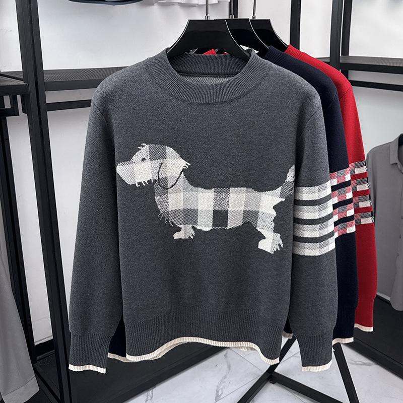 2025 Men s Red Tide Sausage Dog Jacquard Knitwear: Round Neck, Long Sleeve, Korean Style M темно-серого