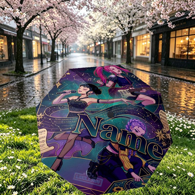Custom Name Personalized Kpop Demon Hunter Print Umbrella, Auto Open Close, 8‑Rib Sturdy Frame, Commute Camping Hiking Use, Birthday Gift