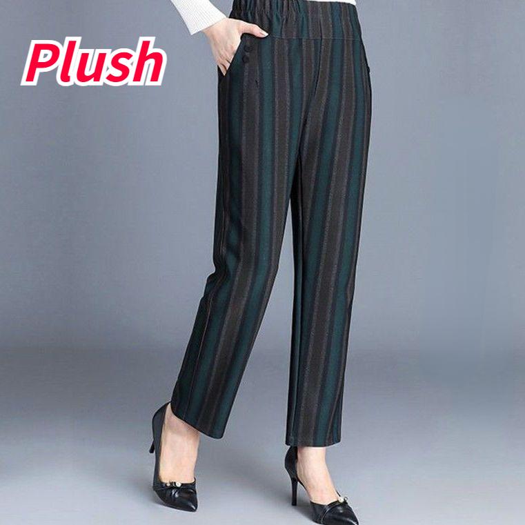 Women Winter Thickened Plush Warm Casual Pants  High Waist Loose Striped Trousers 6XL