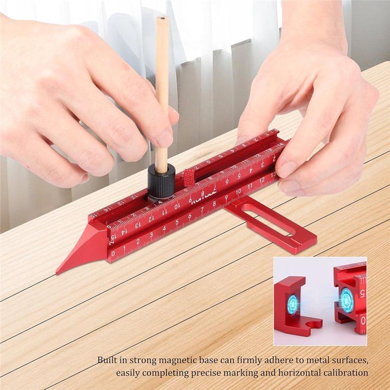 A96I-4 Sided Scribing Tool, Aluminum Alloy 4 Sided Scale Guiding Ruler, Leveling Ruler With Magnetic Base,For DIY,Woodworking
