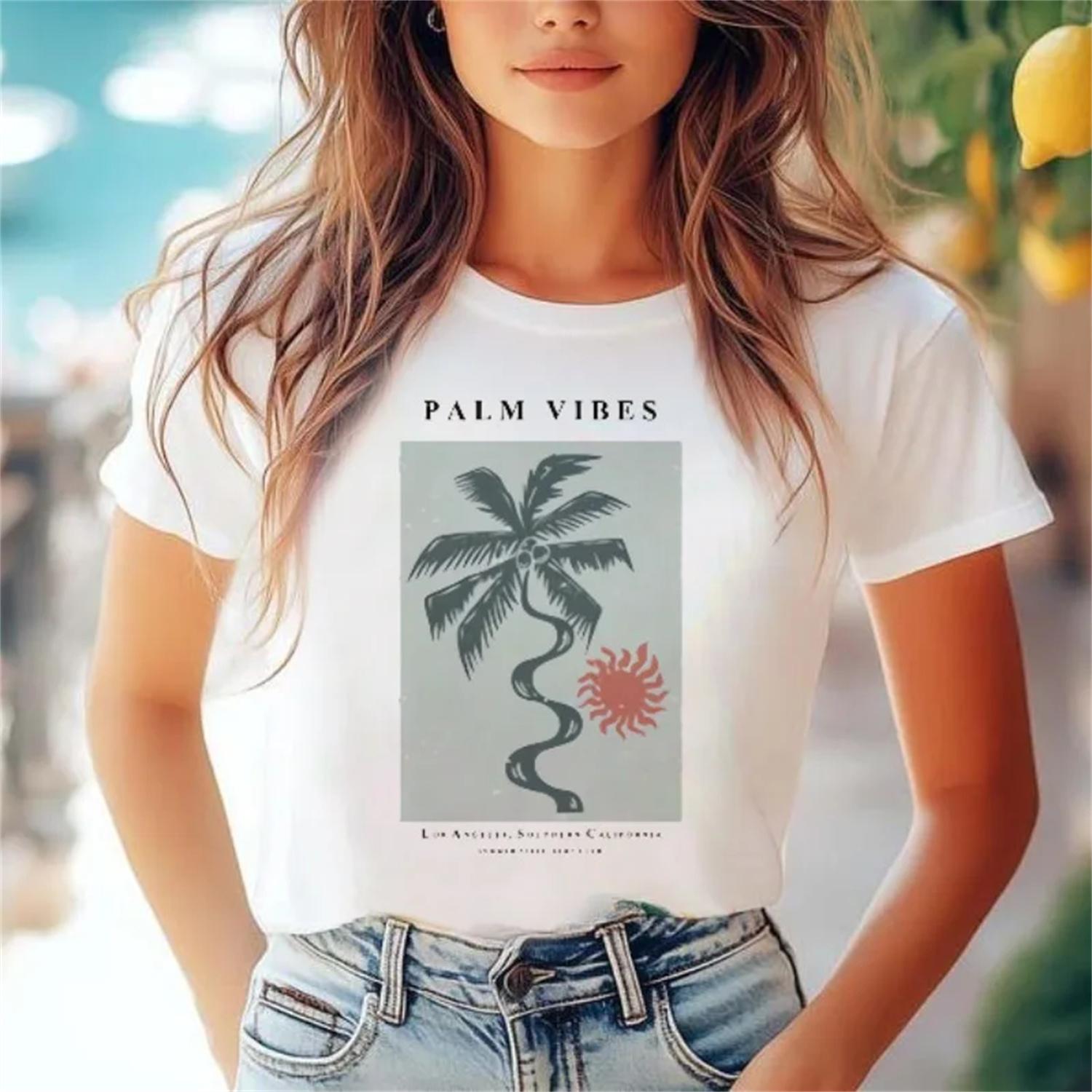 Beach Vacation Printed Women s Short Sleeved Round Neck Harajuku Pattern Clothing Printed Beach Travel Casual Fashion T-Shirt S
