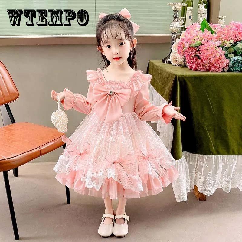 Lolita Girls Princess Dress Spring Autumn Children's Long Sleeve Pink Dress Lace Bow Decoration Sweet A-line Skirt Fairy Set