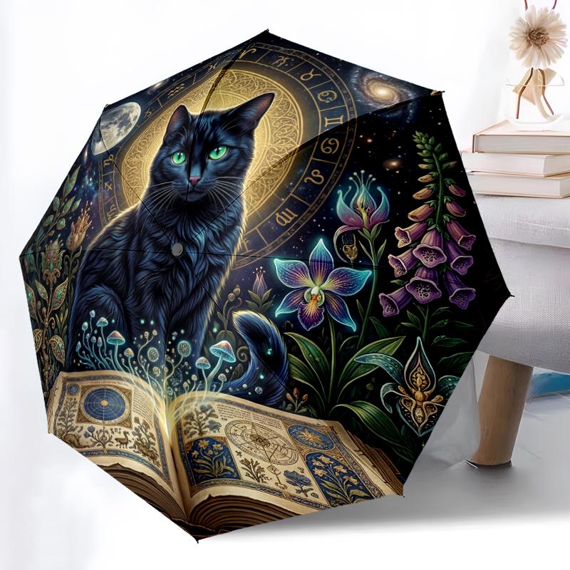 1pc Sturdy 8-Bone Auto Umbrella, Adorable Black Feline Pair Umbrella, Digital Printed, Foldable Umbrella for On-the-Go Outdoor Use