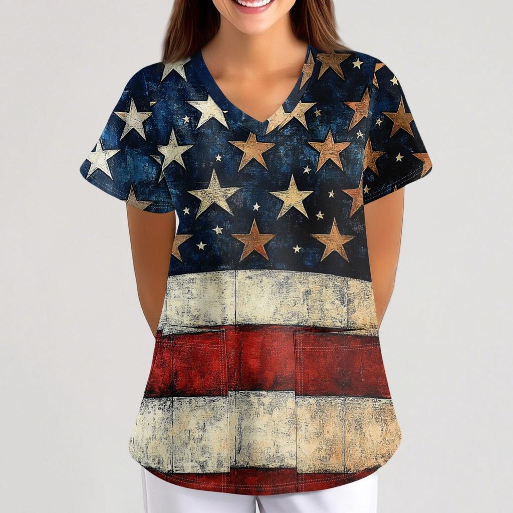 Plus Size Printed Scrub Working Uniform Tops For Women's Cross V-Neck  Short Sleeve Fun T-Shirts Workwear Tee With Pockets