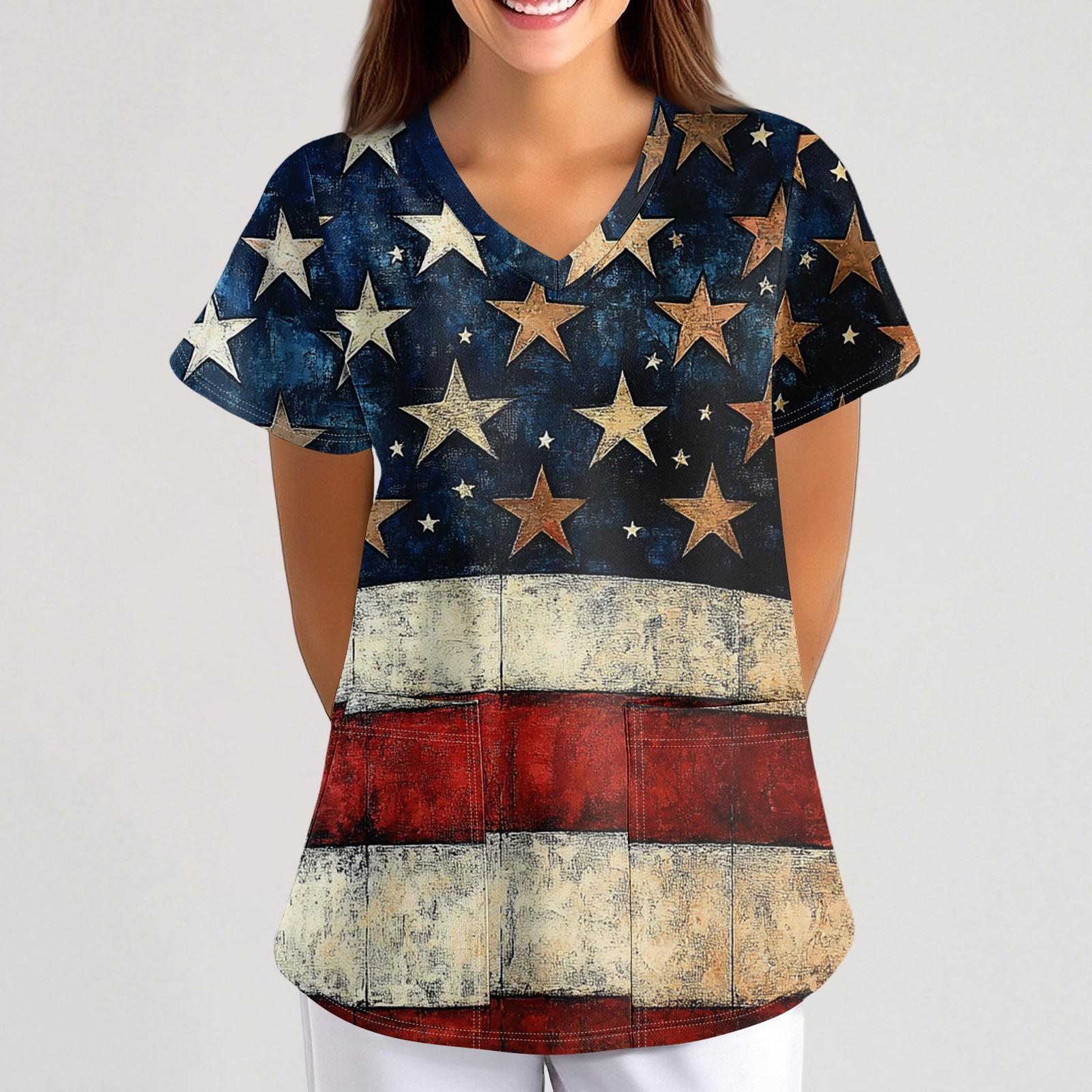 

Plus Size Printed Scrub Working Uniform Tops For Women s Cross V-Neck Short Sleeve Fun T-Shirts Workwear Tee With Pockets XL