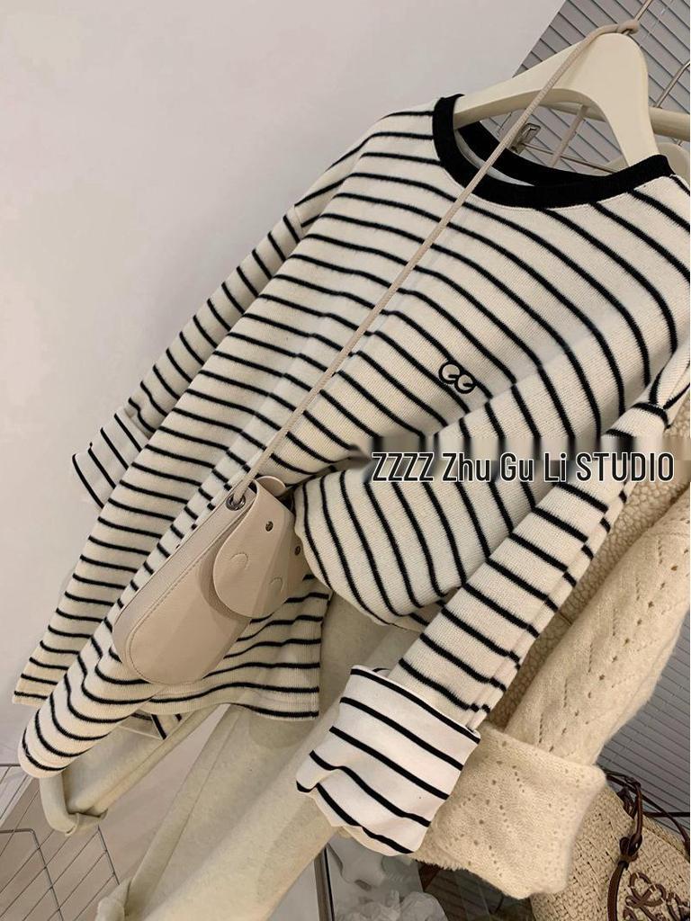 2218 Embroidered Brushed Striped Mid-Length T-Shirt - Early Spring 2023 Edition for Women