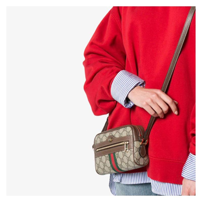 Gucci Ophidia Retro Presbyopia Logo Striped Webbing Canvas and Leather Camera Bag Crossbody Shoulder Bag Mini Unisex Couple Style Beige and Ebony