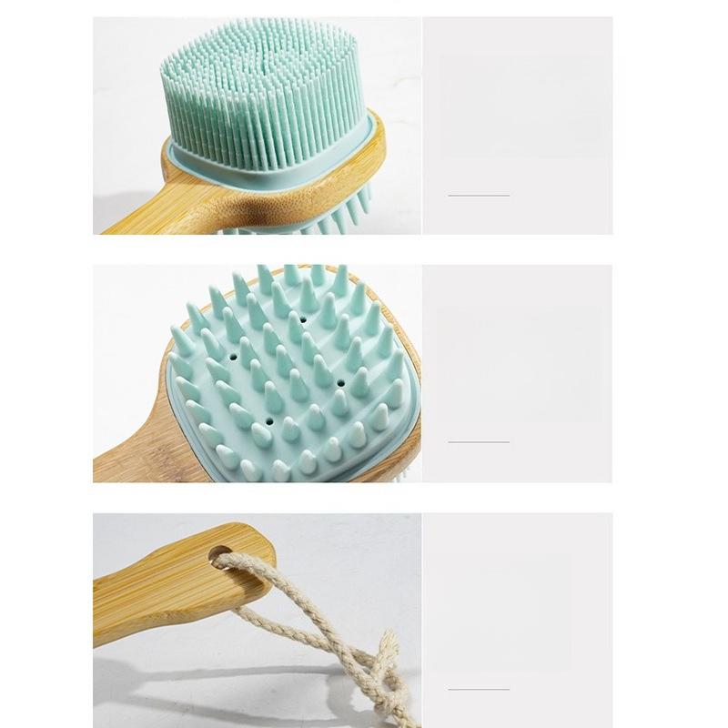 New Bamboo Handle Bath Brush, Double-sided Back Massage Brush, Soft-bristled Silicone Long-handled Square Bath Brush