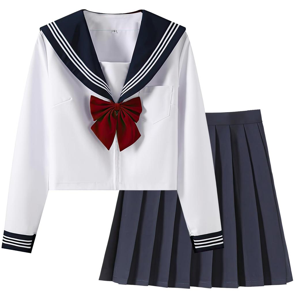 Maazusa Sailor Long JK Bow and Goldfish Two White Student School Cultural Costume Uniform, Sleeve, 3-Piece Set, Uniform, Cosplay, Knot, Strands, Cute,
