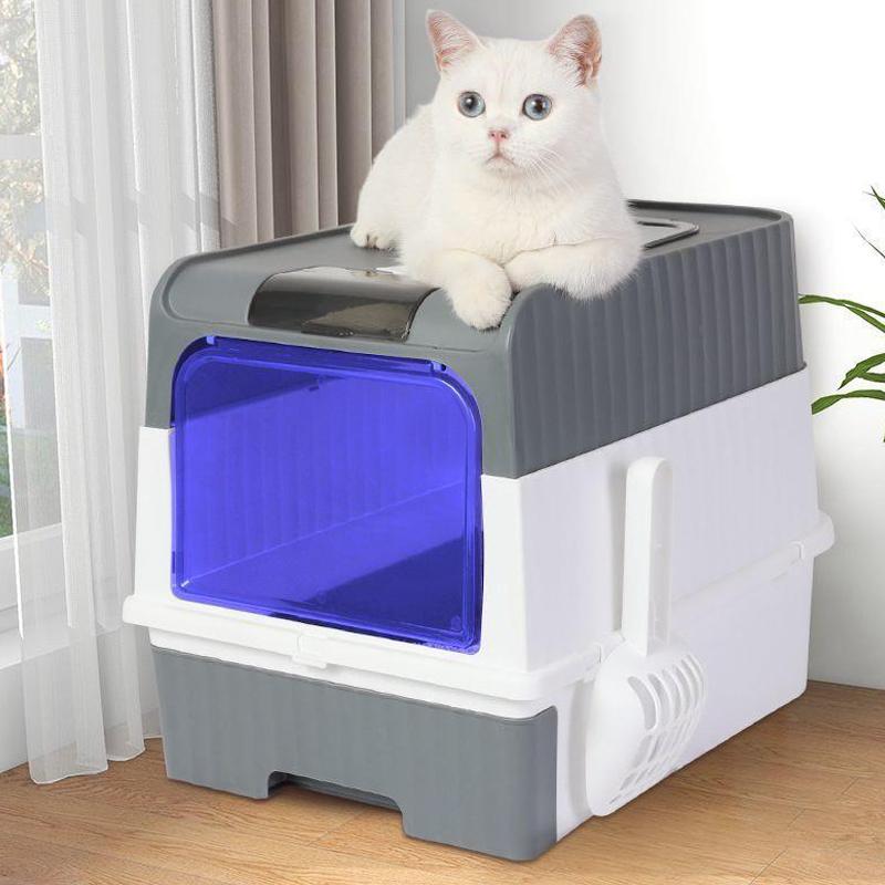 Cat Litter Box with UV Sterilization Lights Large Capacity Fully Enclosed Cat Toliet Litter Pan Anti-Splashing Kitten Bedpan