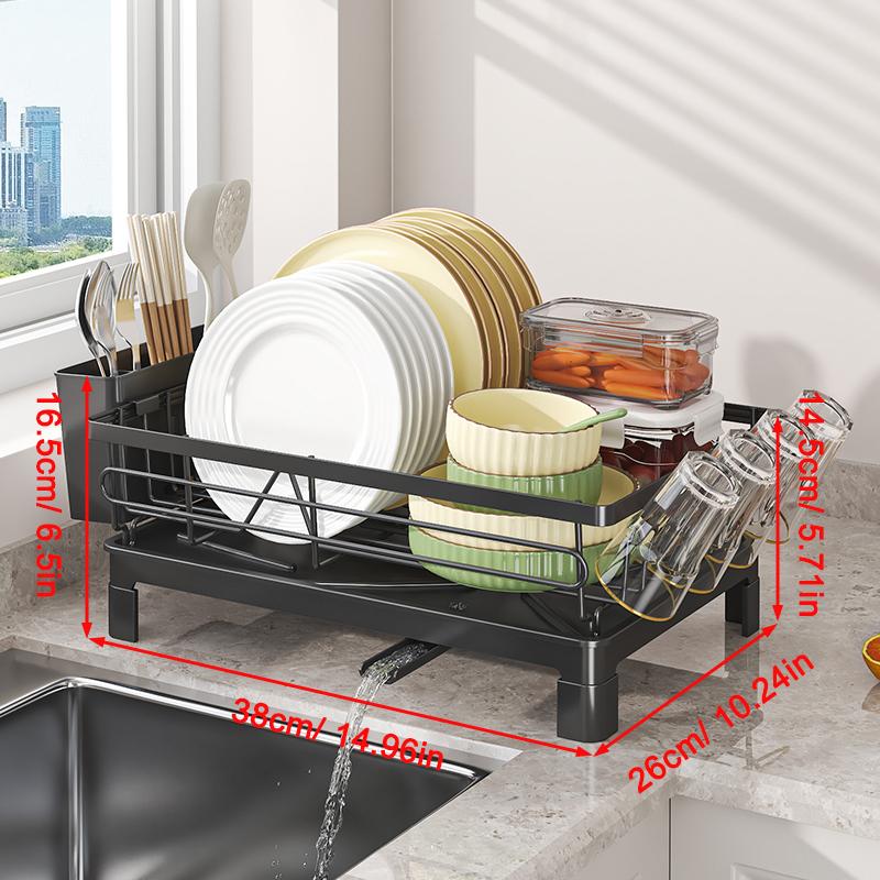 1pc Metal Dish Drying Rack with Drain Tray, Cup Holder & Utensil Holder- Large Capacity Kitchen Sink Organizer, Space-Saving