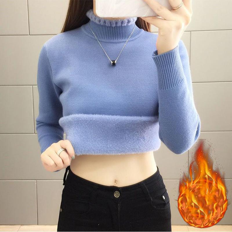 Autumn Winter Fashion Solid Plush Thick Sweaters Women Slim All Match Chic Pullover Casual Tops Lady
