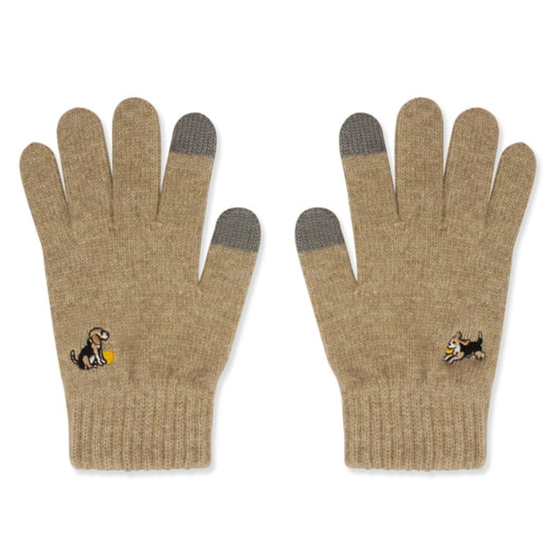 SNOOZY Beagle Embroidered Wool Knit Gloves Linen