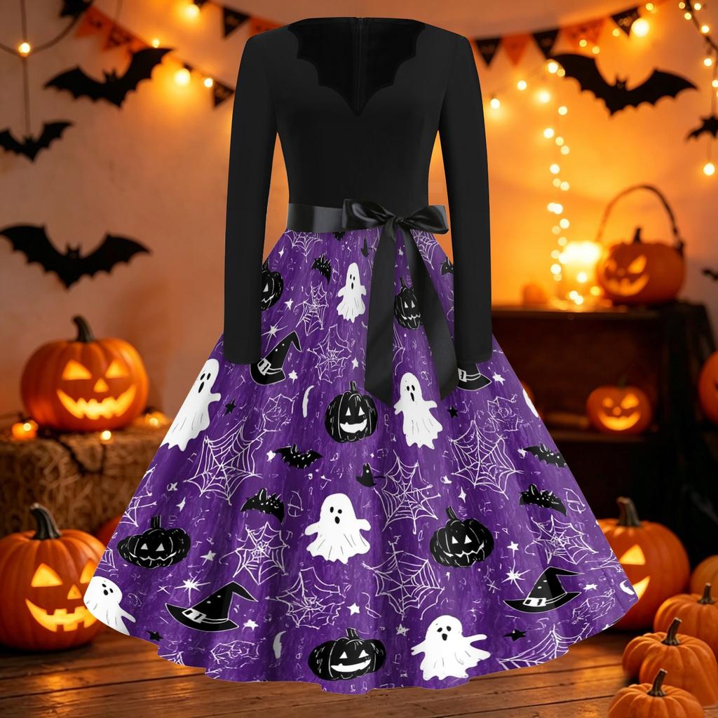 Women Casual Halloween Print V Neck Vintage Dress Long Sleeve Fit Flared Waist Tie Retro Style Swing Skirt Dress
