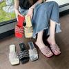 Damen Strass-Slipper Modische Rutschfeste Strandschuhe Sommer Outdoor Hausschuhe Bequeme Flache Sandalen mit Quadratischem Absatz Slides Damen