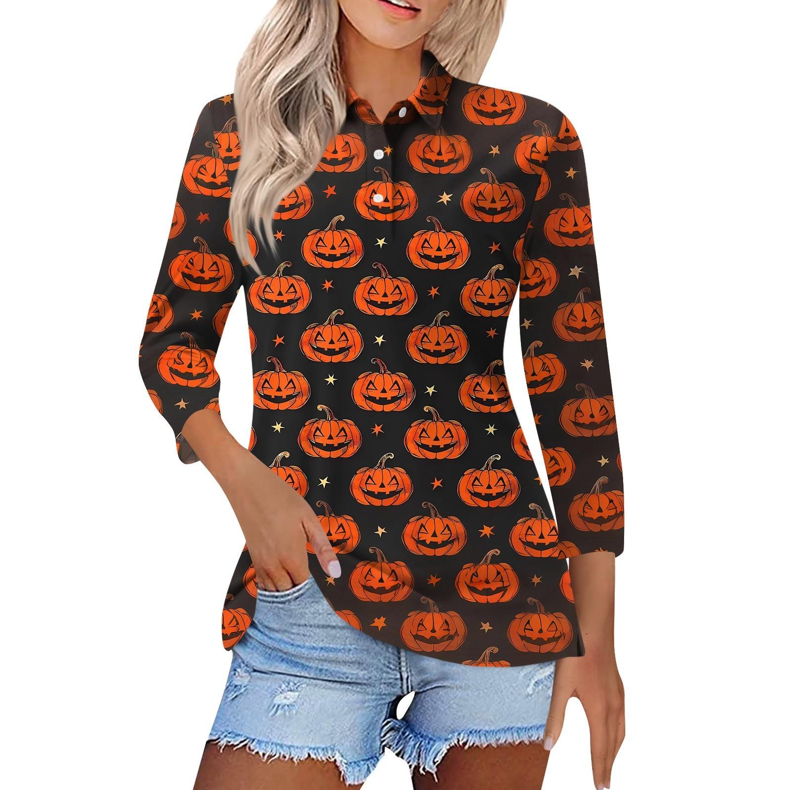 

Женская модная повседневная рубашка с лацканами и рукавом 3/4 с принтом на Хэллоуин, женские топы на пуговицах XL шафрановый