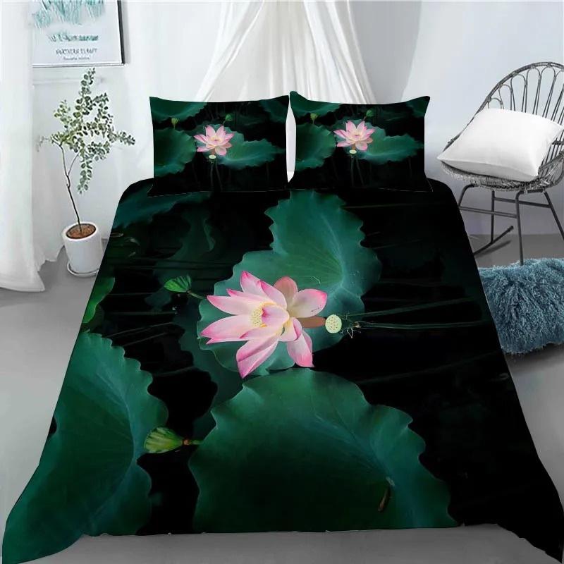 3D Lotus Flower Painting Duvet Cover Polyester Quilt Cover with Pillowcases King Queen Size for Kids Teen Adults Bed Decor Gifts
