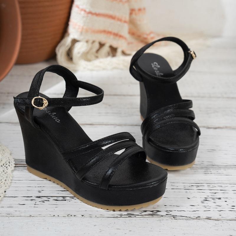 Cross-border Foreign Trade Summer New Fashion Commuter Heightening One Line Buckle Sandals Women's Comfortable Wedge Sandals