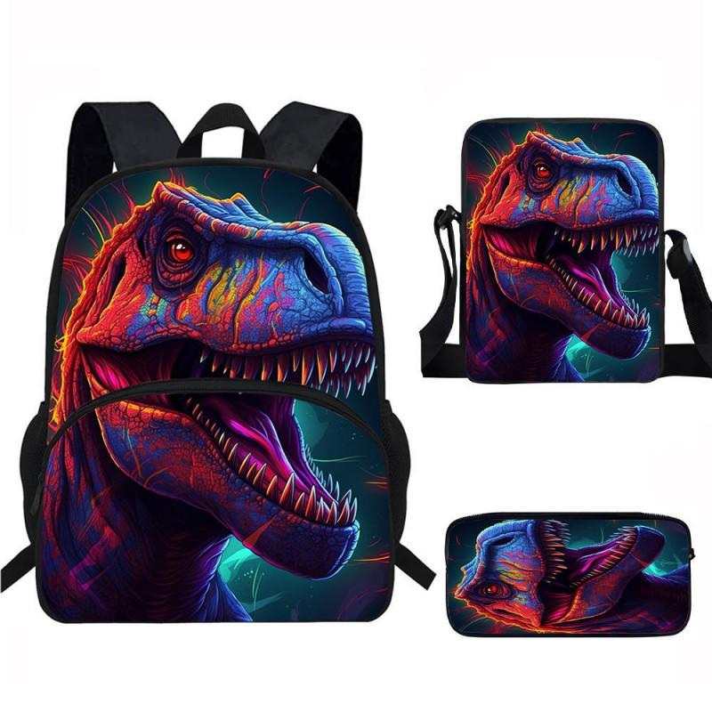 Kids Dinosaur Backpack Set Elementary School Oxford Fabric Ergonomic Back Support Breathable Lightweight 3-Piece Kit