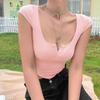 2024 European & American Fashion Women's U-Neck Short-Sleeve Slim-Fit Solid Crop Top T-Shirt