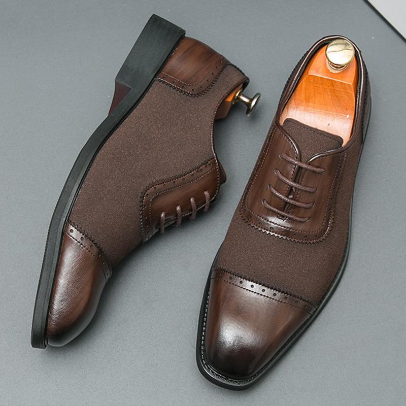 Fashion New Men's Pointed Lace Up Casual Dress Shoes Male Suede Mixed Patchwork Formal Wedding Prom Evening Homecoming Footwear