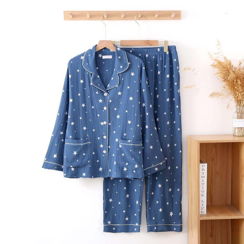 Yume Pajamas Double Gauze Cotton Room Wear Star Pattern Pajamas Marshmallow Cotton Comfortable Loungewear Present Day Day 100% Women's Men's Father's