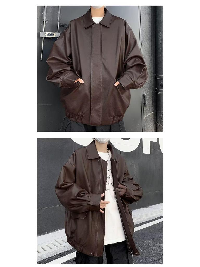 Men's Retro Brown PU Leather Jacket - 2025 Autumn/Winter Lapel Style