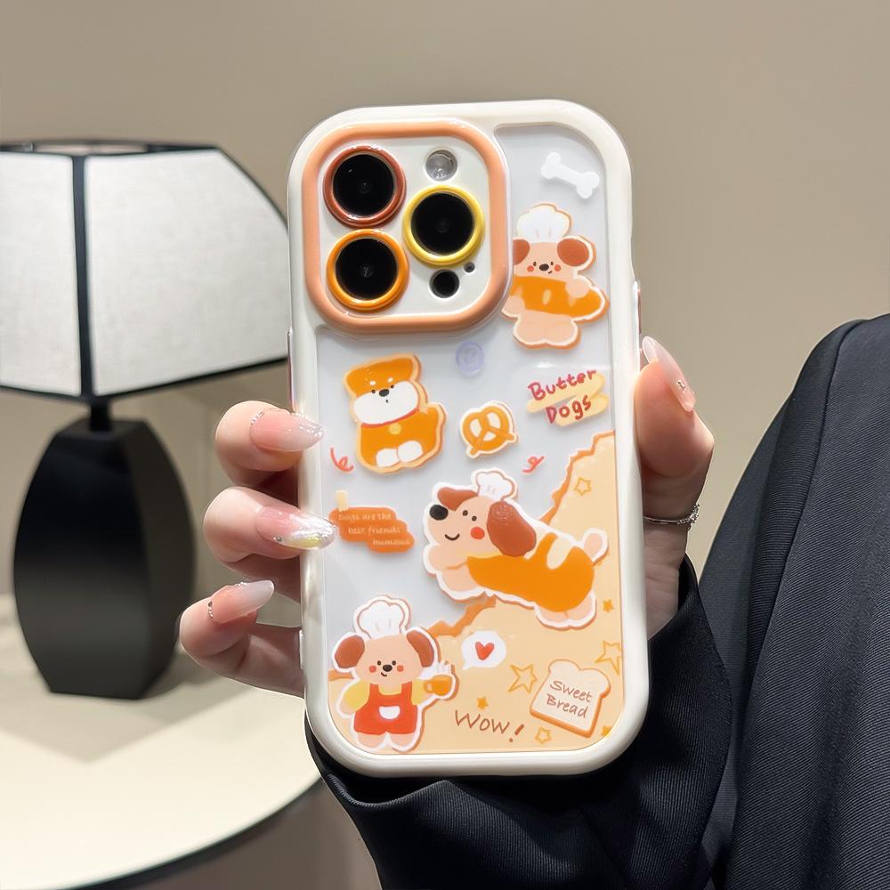 For Apple 16Promax mobile phone case with bracket iPhone15ins wind dachshund 13 cream case 11
