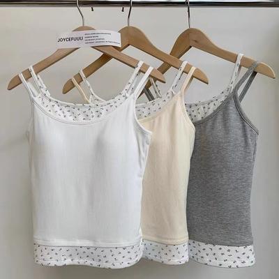 Women Sweet Patchwork Floral Printing Tank Tops With Bra Pad Sexy Off Shoulder Spaghetti Strapy Top Summer Worn Outside Camisole