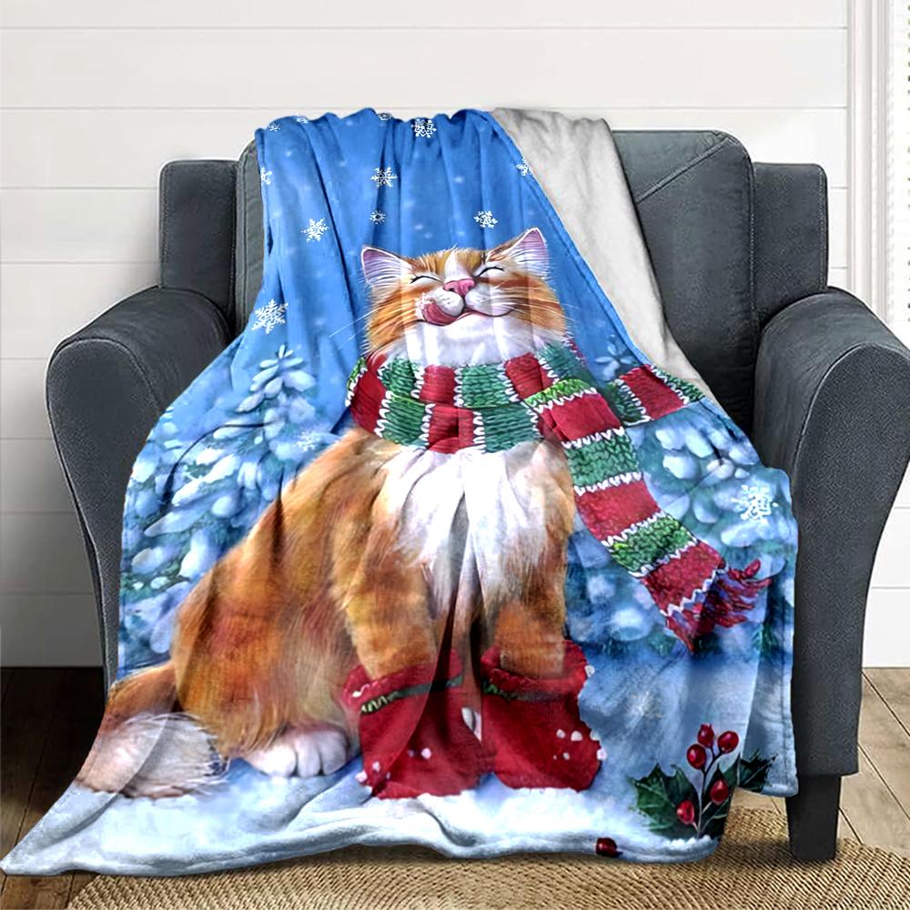 Winter Cat Snowscape Blanket Soft Throw Blanket For Home Bedroom Bed Sofa Travel Office Solid Christmas Blanket