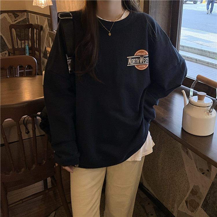 Padded Loose Casual Sweater Female Fall and Winter Jacket Ancient Round Neck Long Sleeve Bottoming Shirt Tops Fashion Retro Versatile Sweatshirt