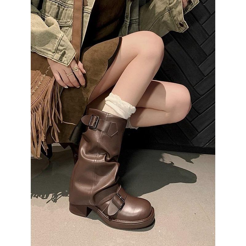 Cowhide Edition~ New Western Cowboy Boots Women's Pleated Stacking Boots Belt Buckle Medium Boots Pants Pants Knight Boots