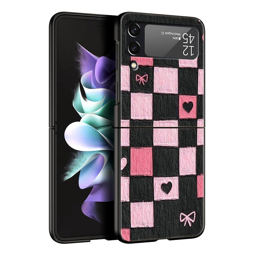 Phone Case for Samsung Galaxy Z Flip 3 4 5 6 7 Folding Black Shell For Samsung Z Flip4 Flip5 PC Hard Cover Pink Grid
