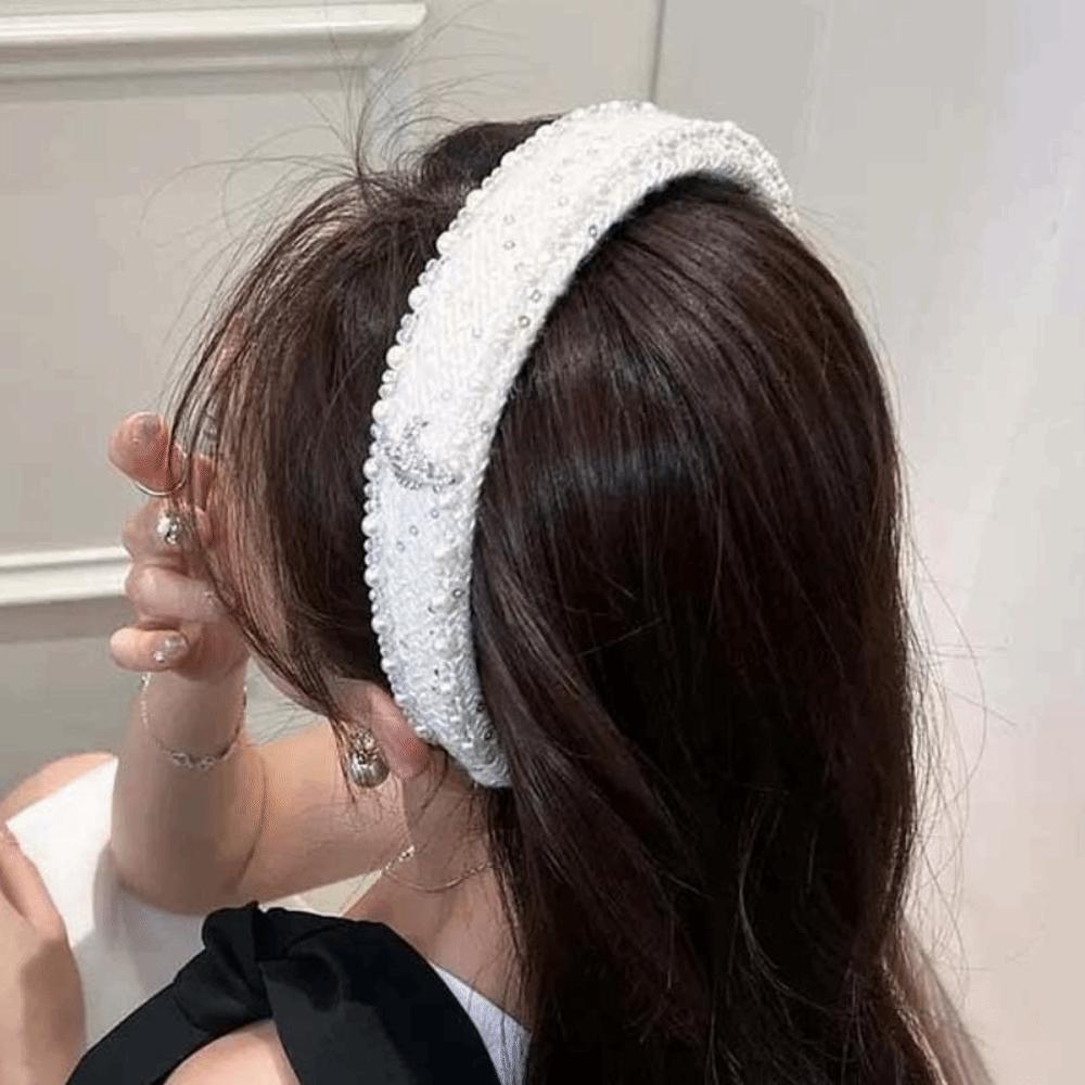 Rose Print Pearls Cloth Hair Hoop Sweet Beige Blue Hair Band Beads Crystal Headband Wedding