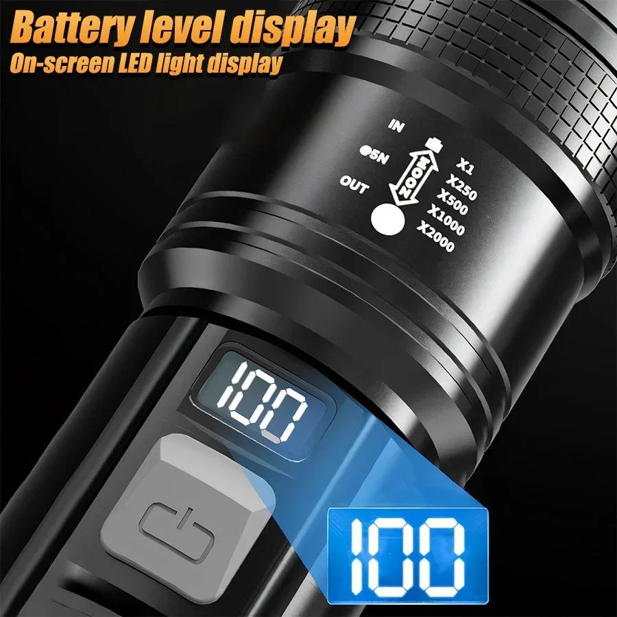 High Strong Power Led FlashlightsTactical Torch with Display Light USB Charging Outdoor Camping Fishing Emergency Zoom Lantern