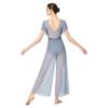 Womens Lyrical Dance Leotard Pants Suit Ruffled Sleeves Backless Sparkly Bodysuit Split Wide Leg Pants Dancewear