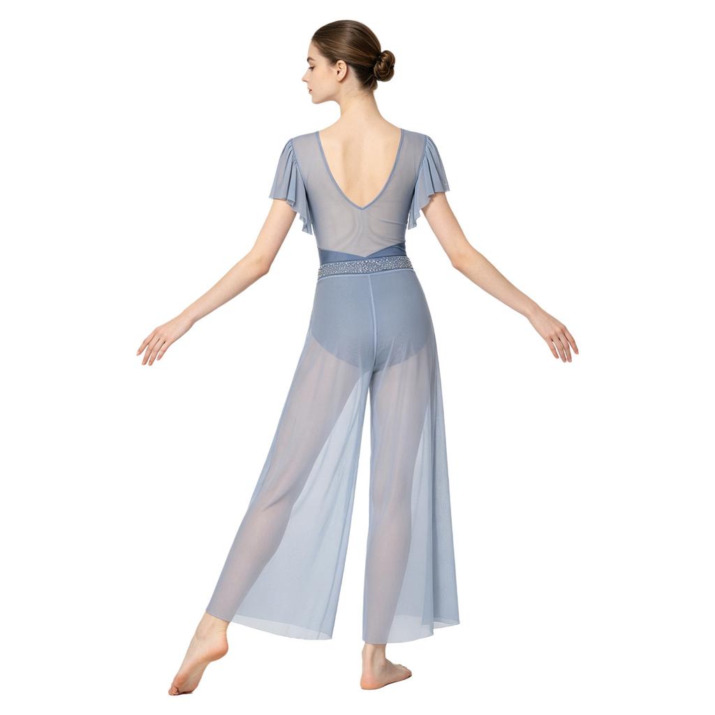 Womens Lyrical Dance Leotard Pants Suit Ruffled Sleeves Backless Sparkly Bodysuit Split Wide Leg Pants Dancewear