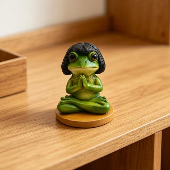 Meditation Frog Figurine, Bob Haircut Resin Frog Statue, Sitting Animal Sculpture Decoration for Yoga Room, Home, Office
