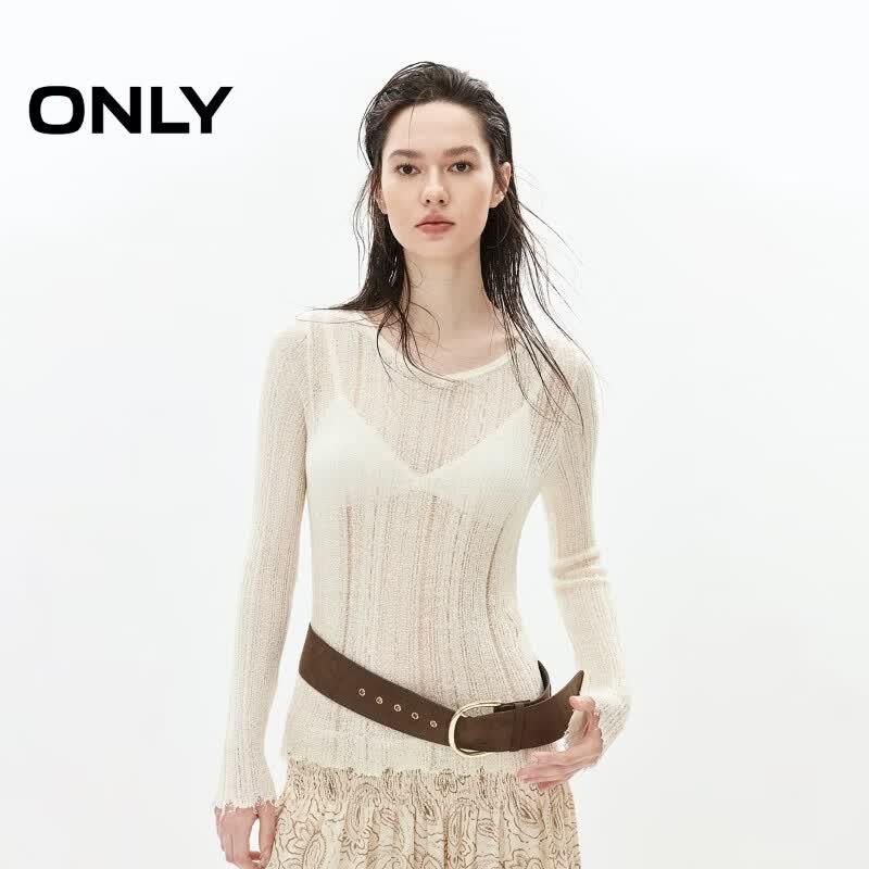 ONLY Women s V-Neck Cable Knit Sheer Long Sleeve Top XL