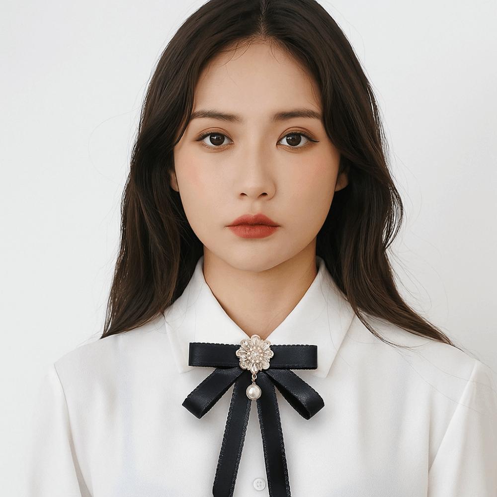 Solid Color Black Bow Necktie Pearl Ribbon Badge Brooch Sweet Funerals Memorial Pin Men
