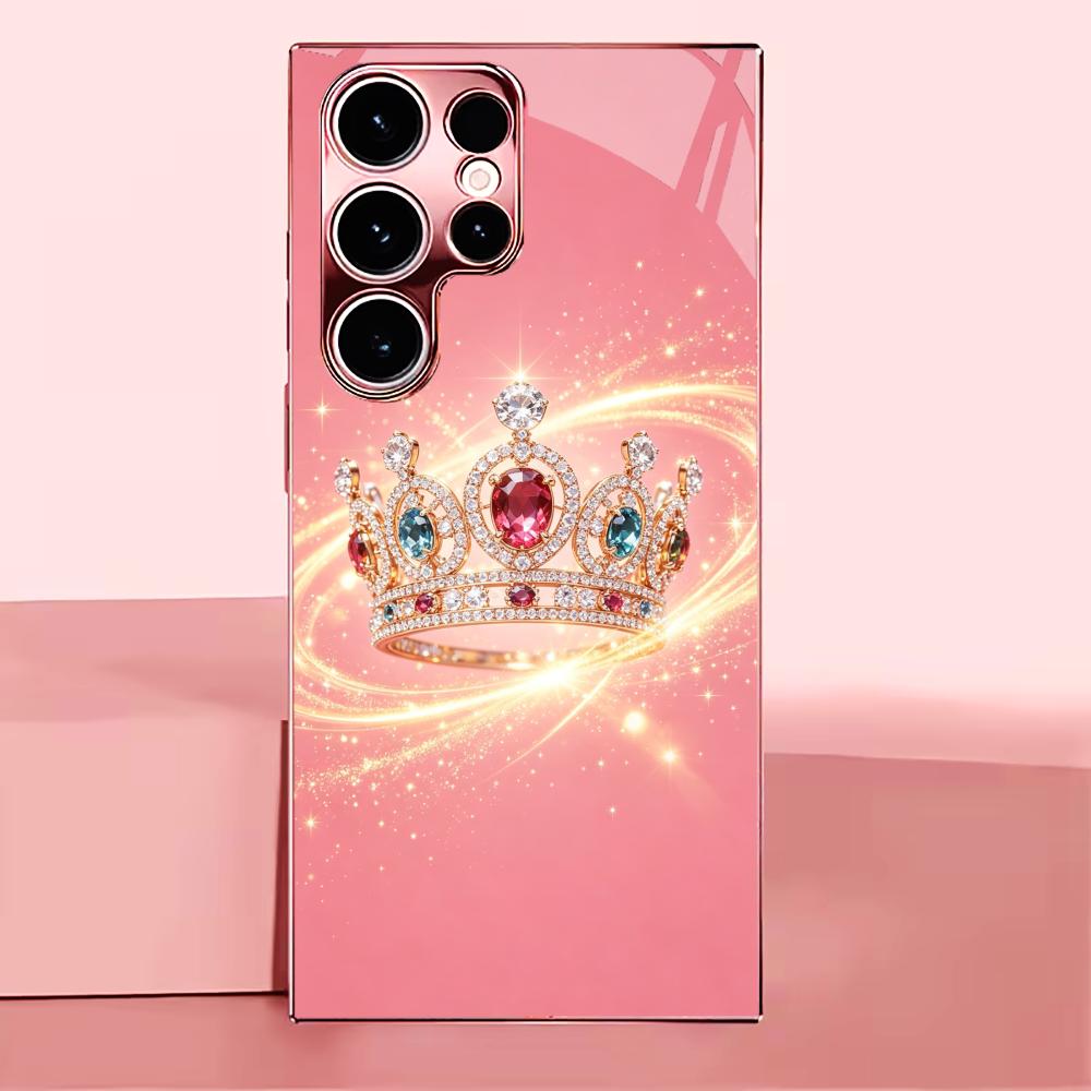 Beautiful Pink Gemstone Crown Phone Case Glass S26 Ultra Case S25 Ultra Case for Samsung Galaxy S26 S25 S24 S23 S22FE Ultra Plus