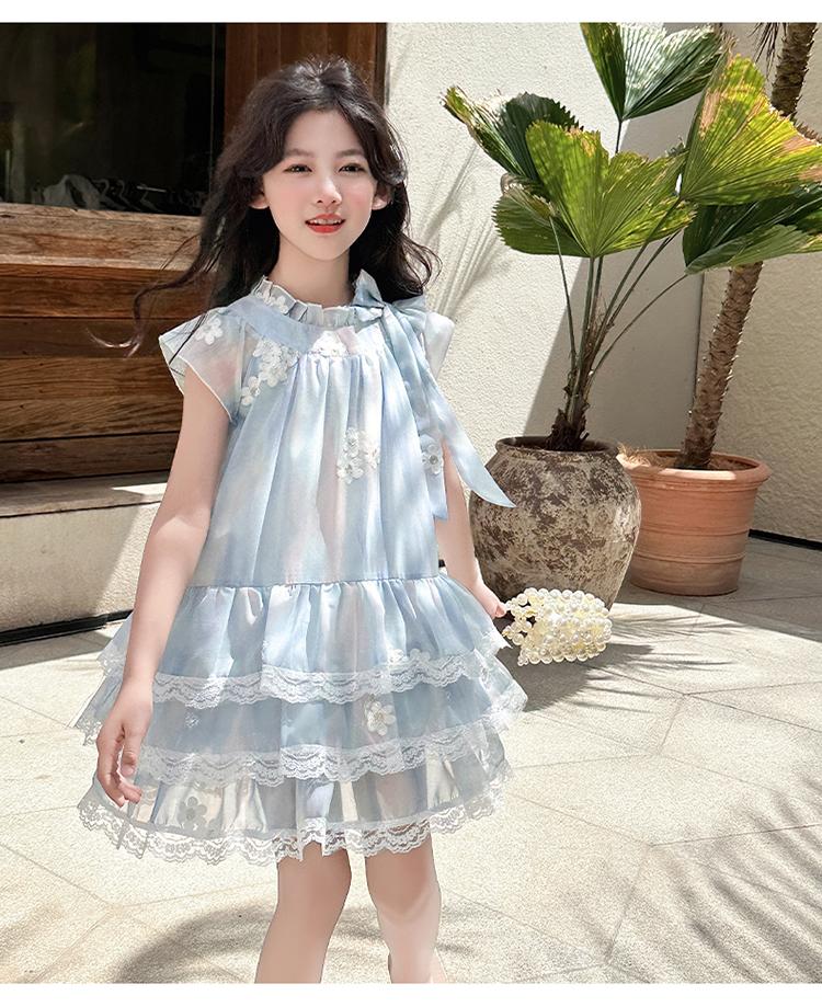 Girls' dress summer 2026 new French style small fly sleeves floral chiffon cake skirt princess skirt