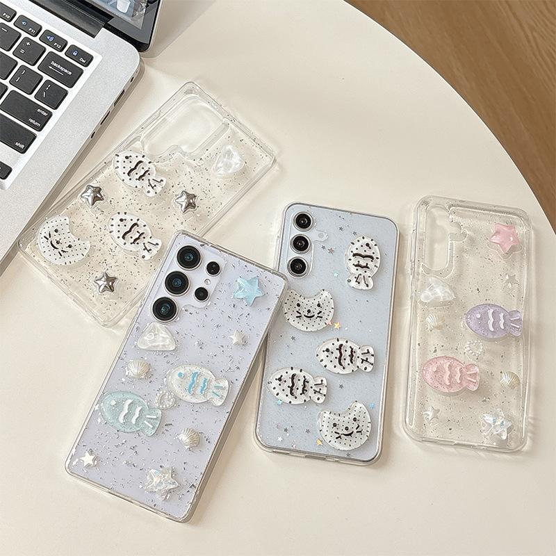 Japoński i Koreański Styl dla Etui na Telefon Samsung S25ultra, Kot Ryba S24plus 3D Gwiazda A55 Brokat 23
