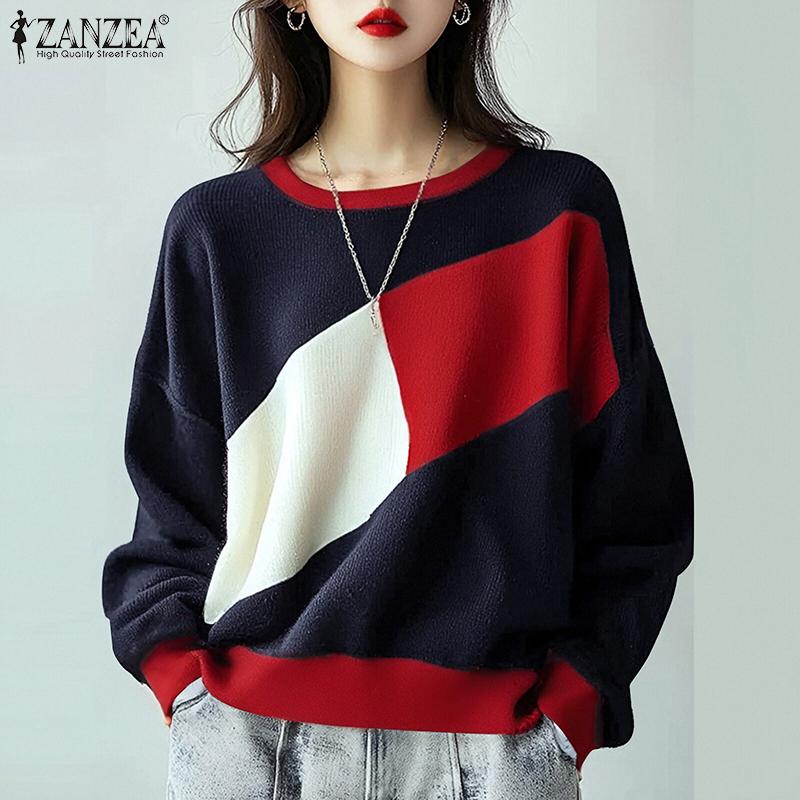ZANZEA Women Casual Round Neck Long Sleeve Color Block T-Shirts