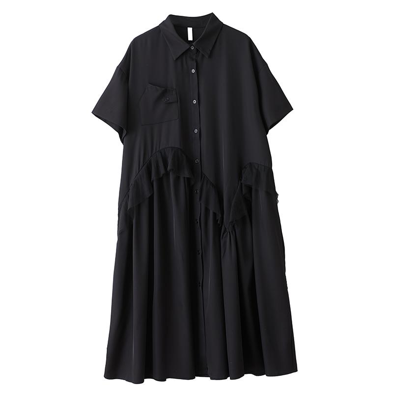 Dimanaf Plus Size Loose Dress Blouse Women 2025 Lace Spliecd Buttons New Summer Style Black Shirt Dress