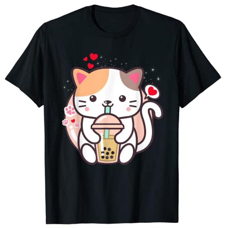 Cat Boba Tea BubbleTea Kawaii Anime Japanese Neko Girl Teen TShirt Y2k Cute Cartoon Unisexga Graphic Clothes Novelty Personality