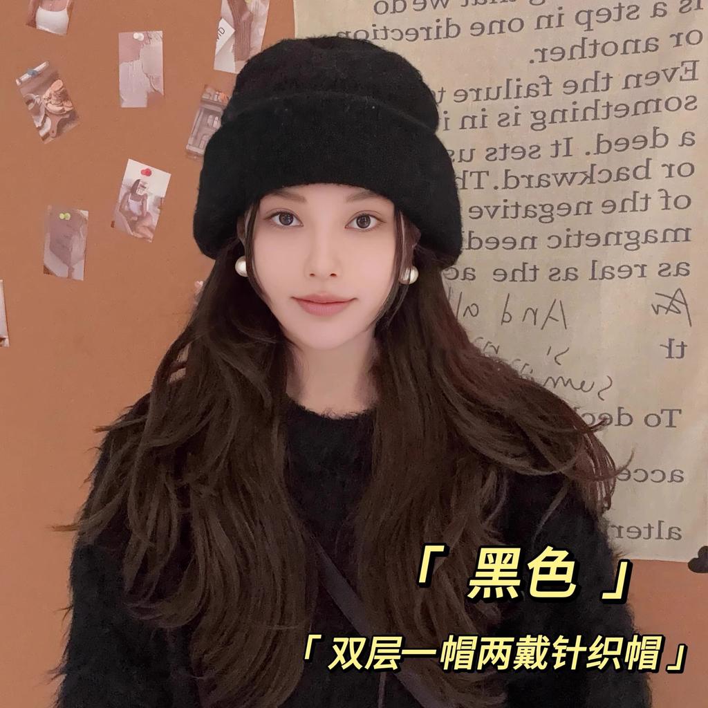 One Hat And Two Wool-Blend Knitted Hats For Women'S Warm Double-Layer Thickened Wool Hats, Big Head Circumference Stacking Hats
